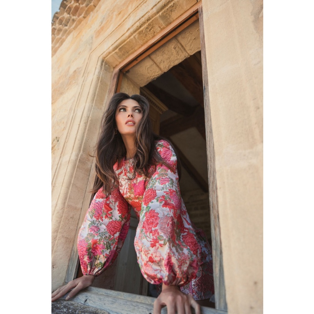 Mac Duggal by Ieena Pink Floral Brocade Balloon Sleeve Mini Dress - Picture 3 of 16